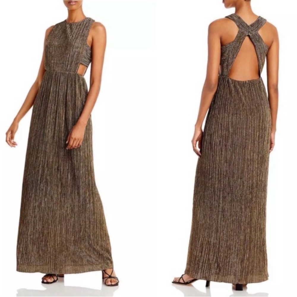 BCBGMAXAZRIA Gold Cut-Out Metallic Evening Dress Gown Size Large